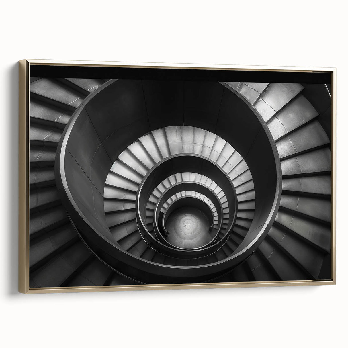 Spiral staircase design in black and gold tones on a framed canvas, suitable for bedroom wall art.