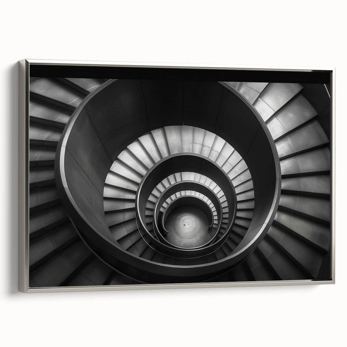 Framed canvas featuring a monochrome spiral staircase design, ideal for adding a vintage touch to office spaces.