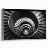 Framed canvas featuring a monochrome spiral staircase design, ideal for adding a vintage touch to office spaces.