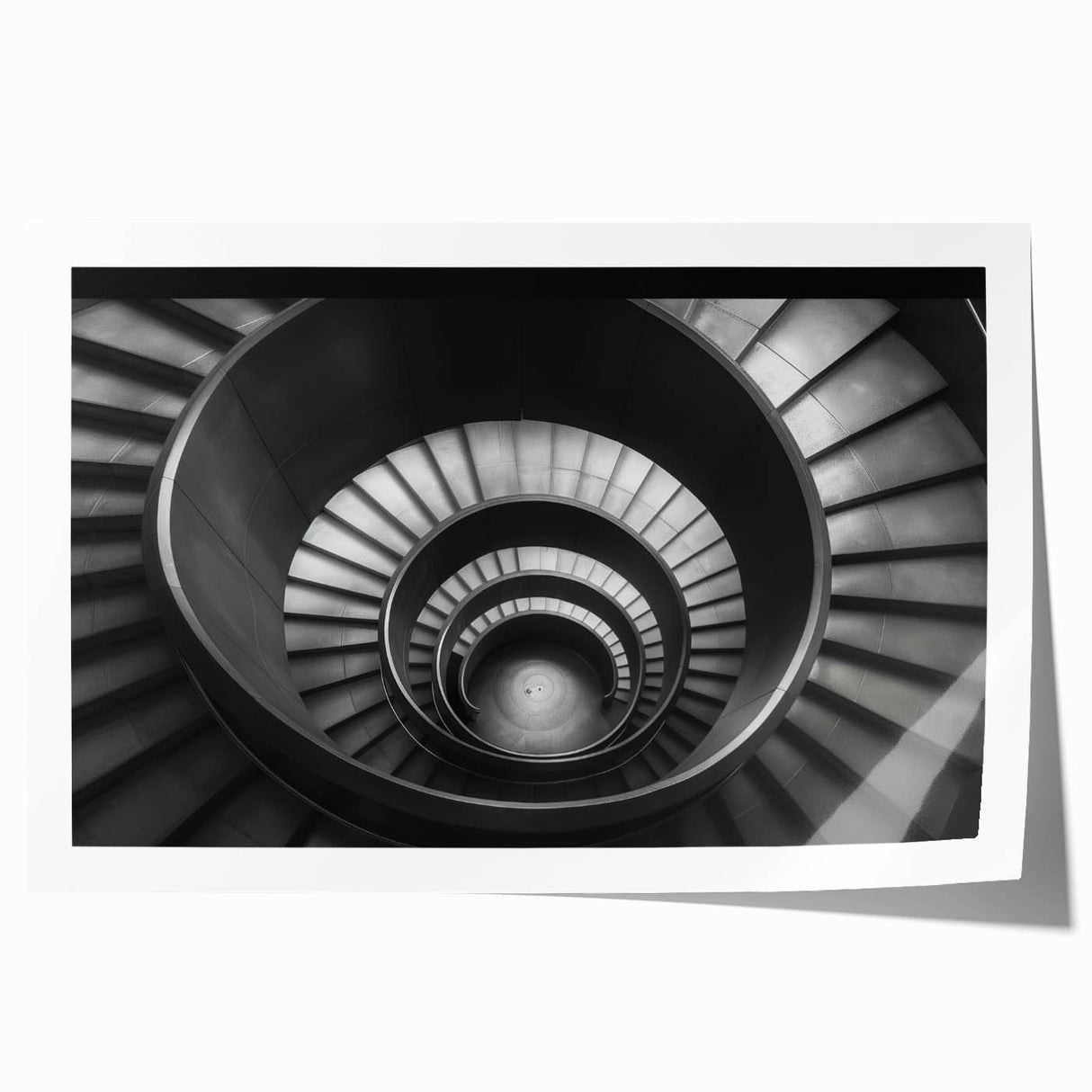 Extra large rolled print of a spiral staircase in muted monochrome tones, ideal for art wall dining room.