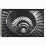 Spiral staircase design in black and white on a large stretched canvas, suitable for kitchen wall art.