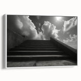 Vintage poster art of a spiral staircase in black and white on a framed canvas, ideal for living room decor.