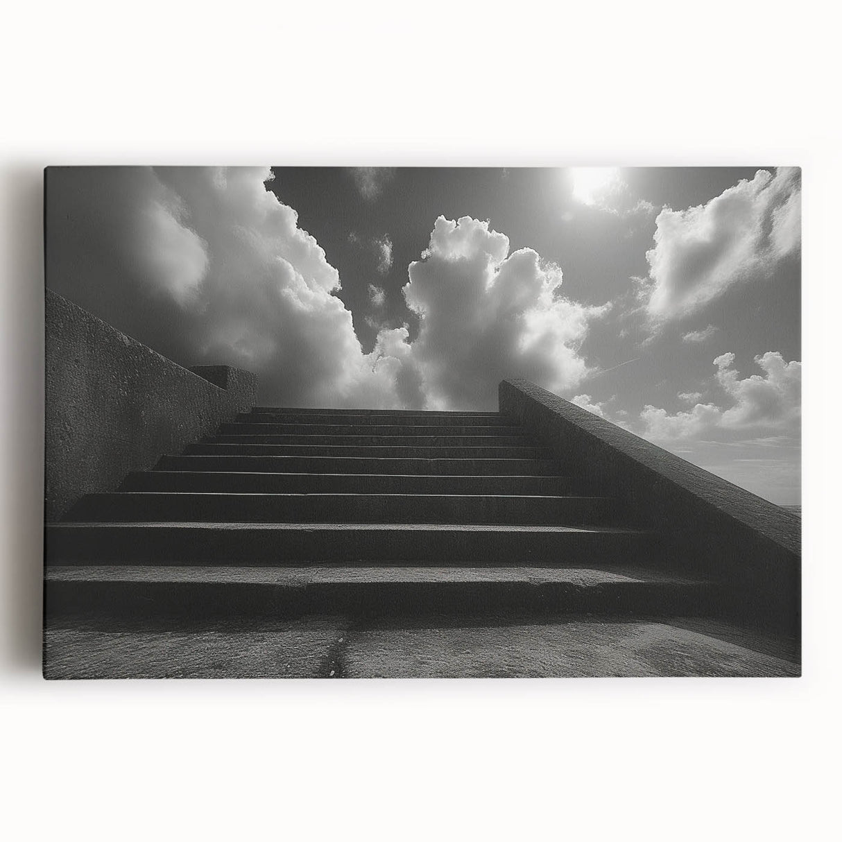 Spiral staircase in black and white, printed on large stretched canvas, suitable as kitchen wall art.