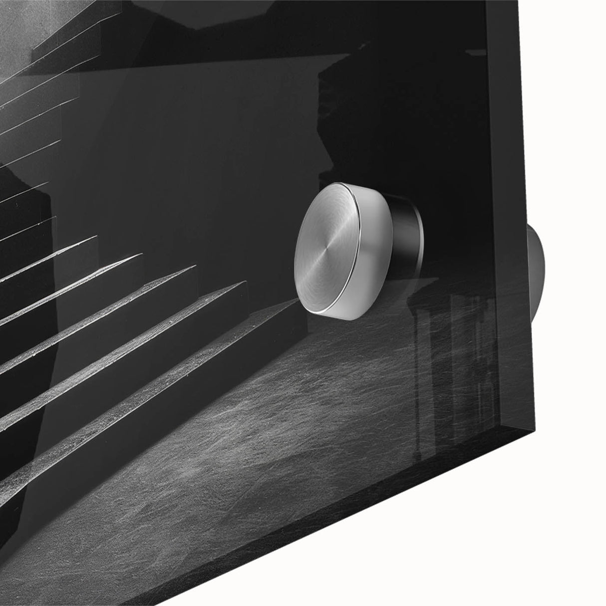 Large abstract wall art featuring a spiral staircase in muted gray tones on acrylic glass, ideal for dining room decor.