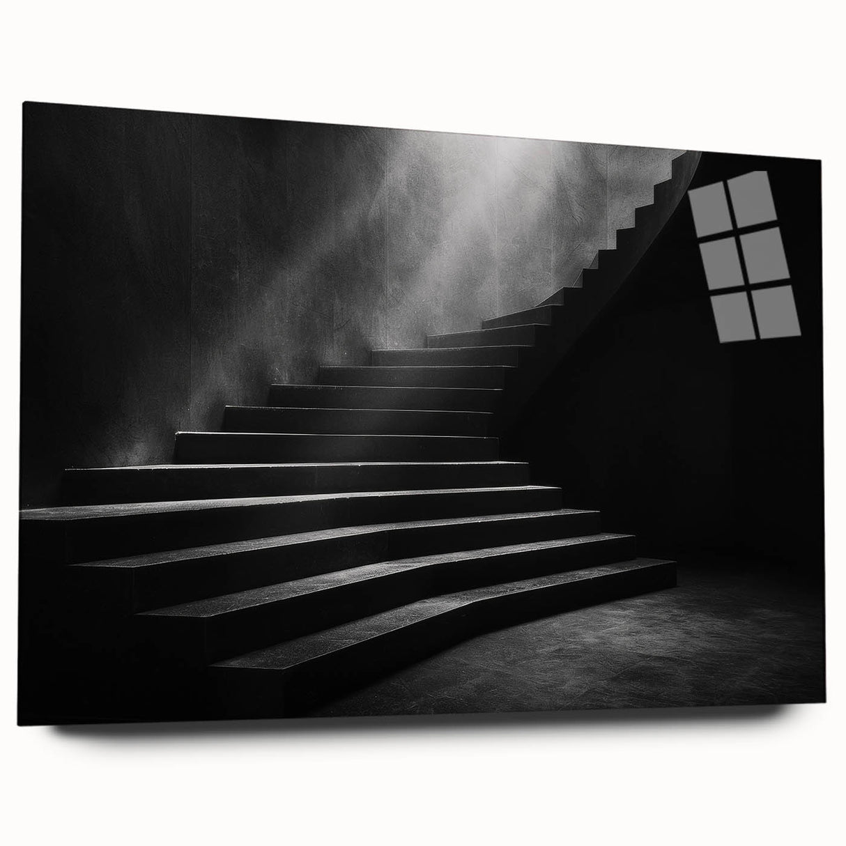 Large abstract wall art featuring a spiral staircase in muted gray and white tones on acrylic glass.