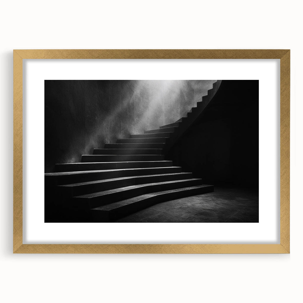 Extra large abstract art print of a textured staircase design in gold tones, framed, ideal for living room decor.