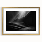 Extra large abstract art print of a textured staircase design in gold tones, framed, ideal for living room decor.