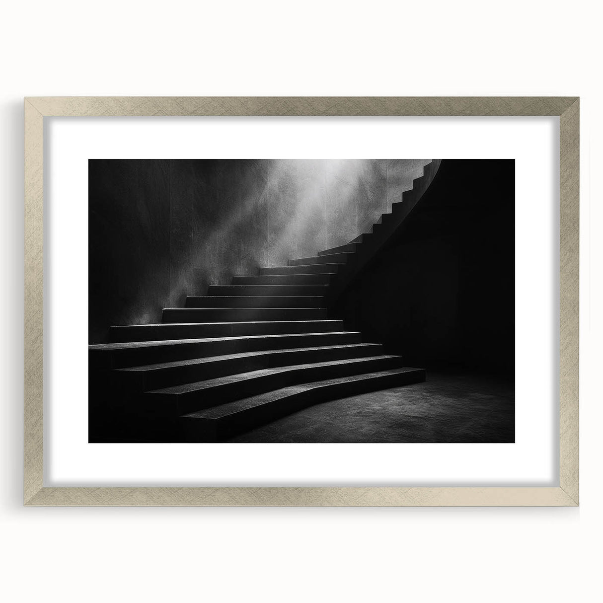 Textured abstract art print of a spiraling staircase in muted gray and silver tones, framed in silver.