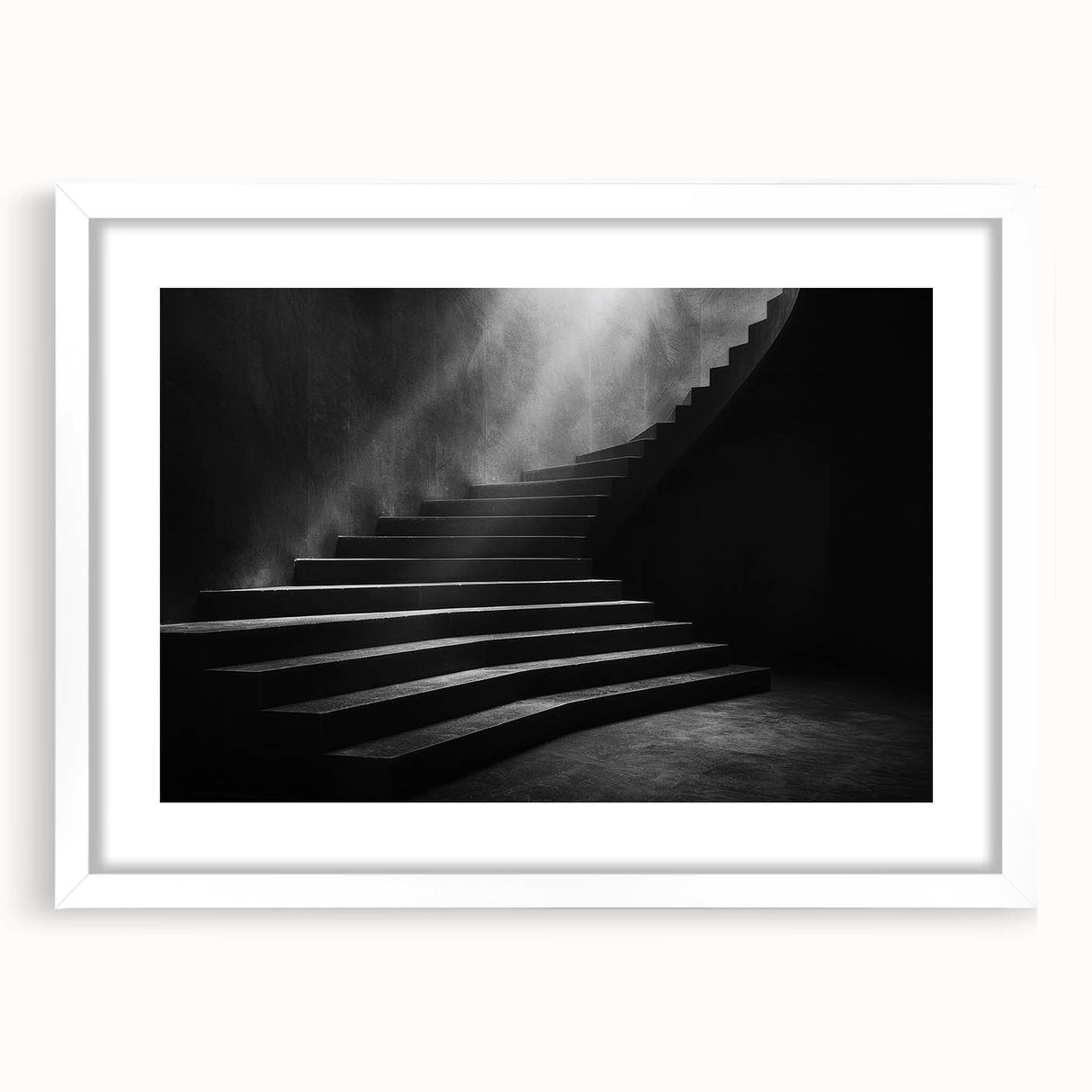 Abstract art print of a spiral staircase in monochrome, framed in white, suitable for bedroom or dining room decor.