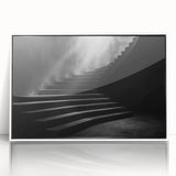 Art Deco poster of a spiral staircase in monochrome, framed acrylic, ideal for modern art wall decor.