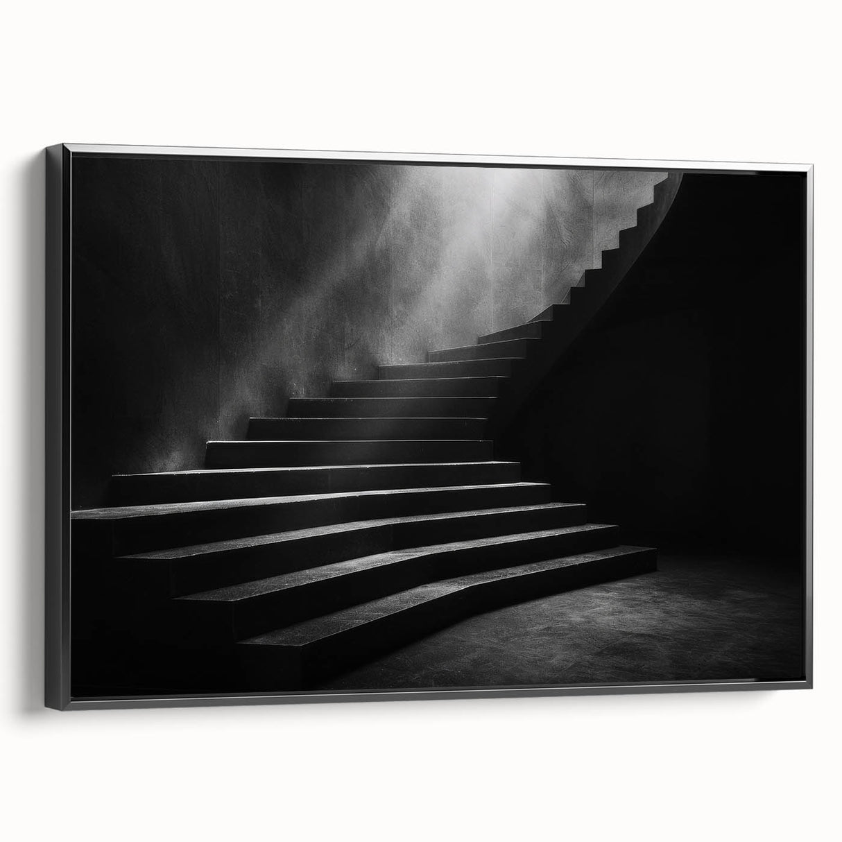 Black and white framed canvas of a spiral staircase in a minimalist style, ideal for bedroom wall art.