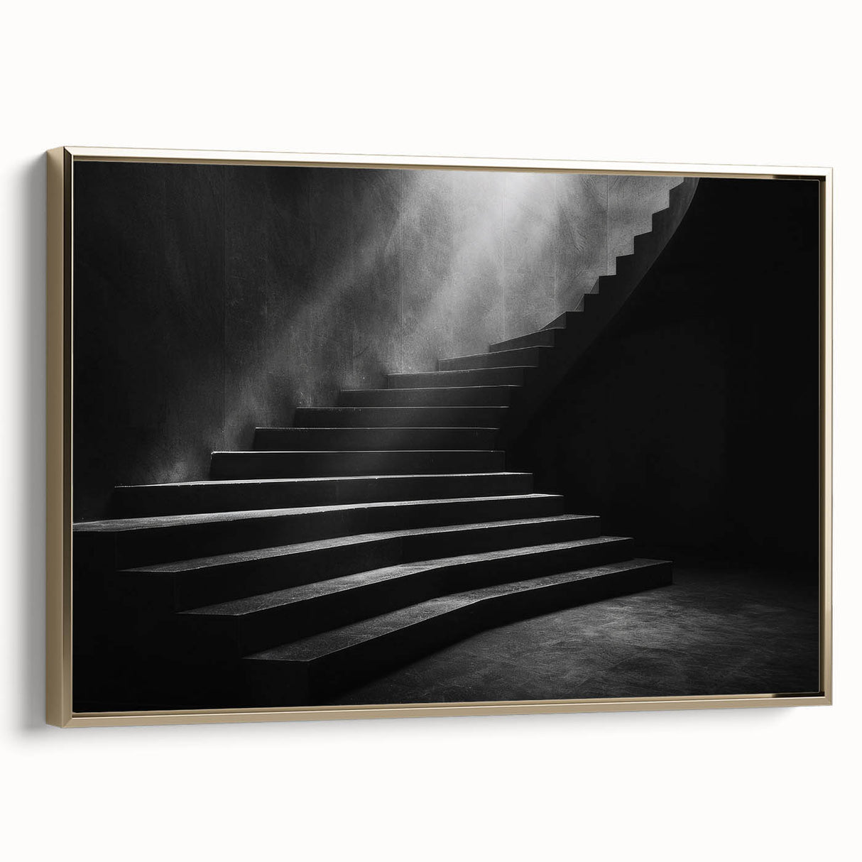 Spiral staircase design in black and gold on a framed canvas, suitable for bedroom wall art.
