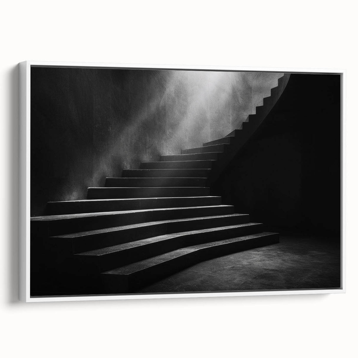 Vintage poster art of a spiral staircase in monochrome, framed canvas, ideal for living room decor.