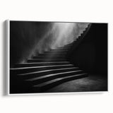Vintage poster art of a spiral staircase in monochrome, framed canvas, ideal for living room decor.