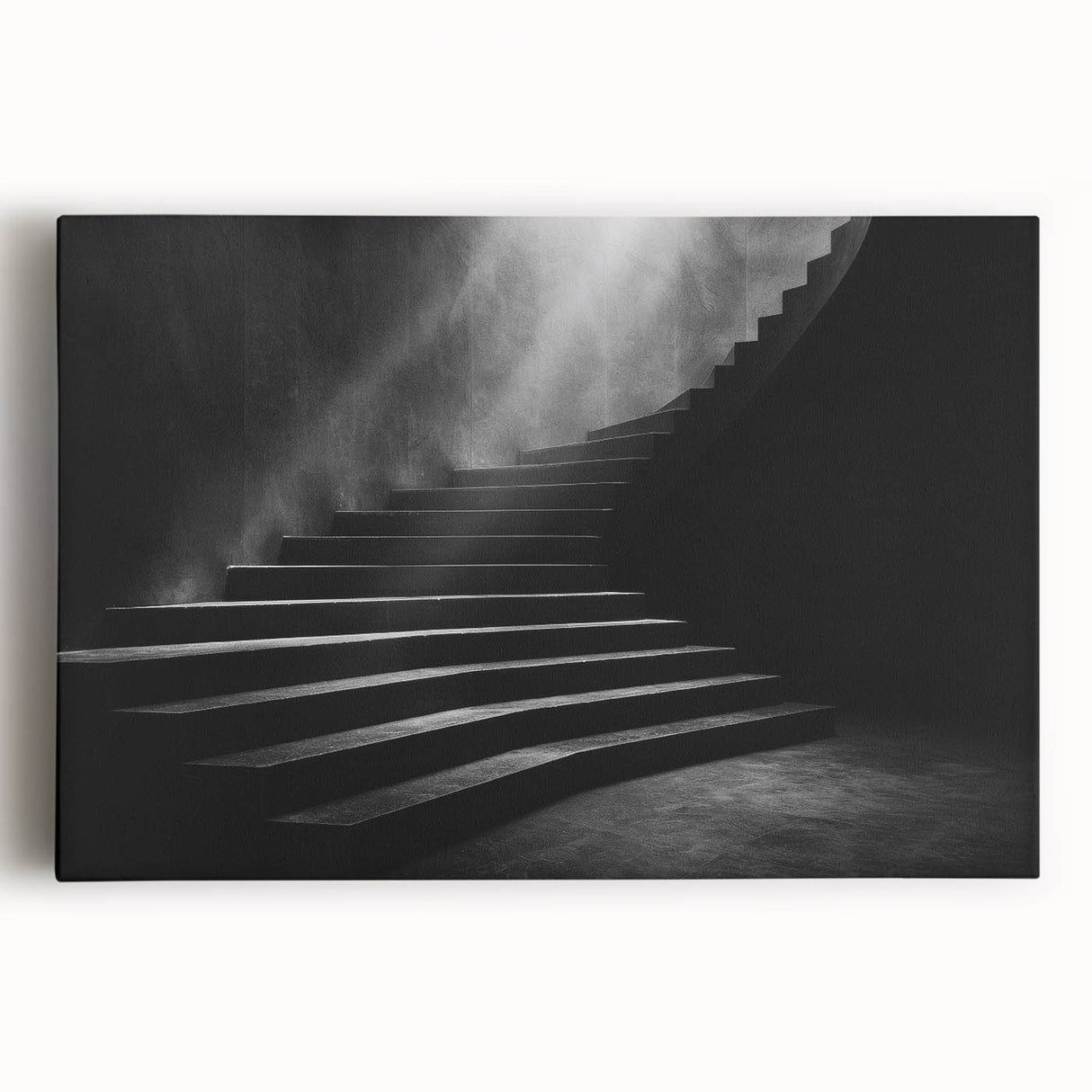 Black and white photograph of a spiral staircase on stretched canvas, suitable for kitchen wall art.