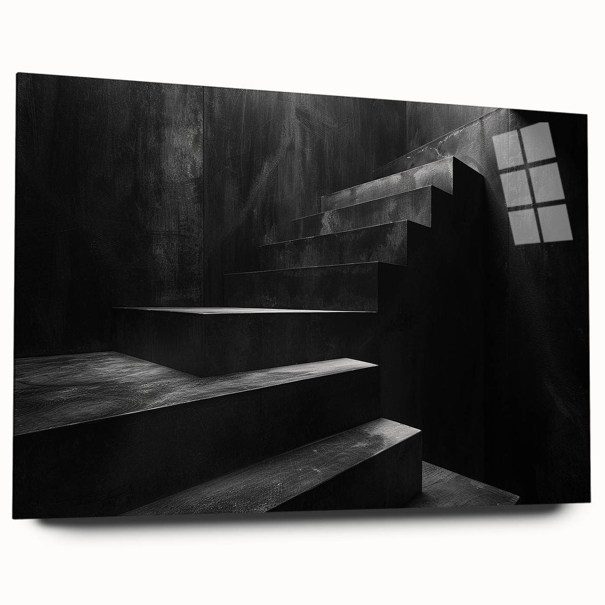 Acrylic print of a large abstract staircase design in monochrome, ideal for modern bedroom or dining room decor.