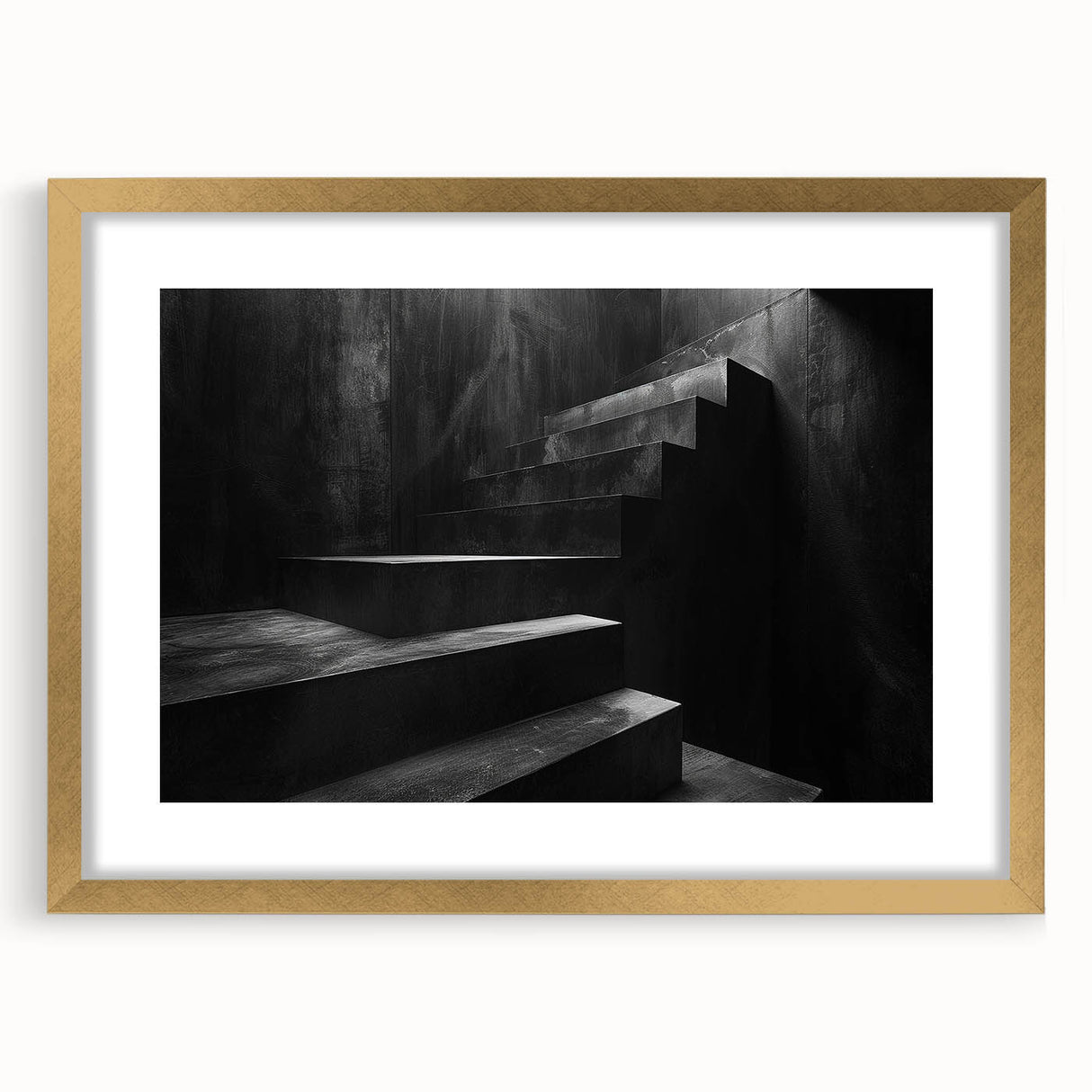 Extra large abstract art print featuring a textured staircase design in muted beige, framed in gold.
