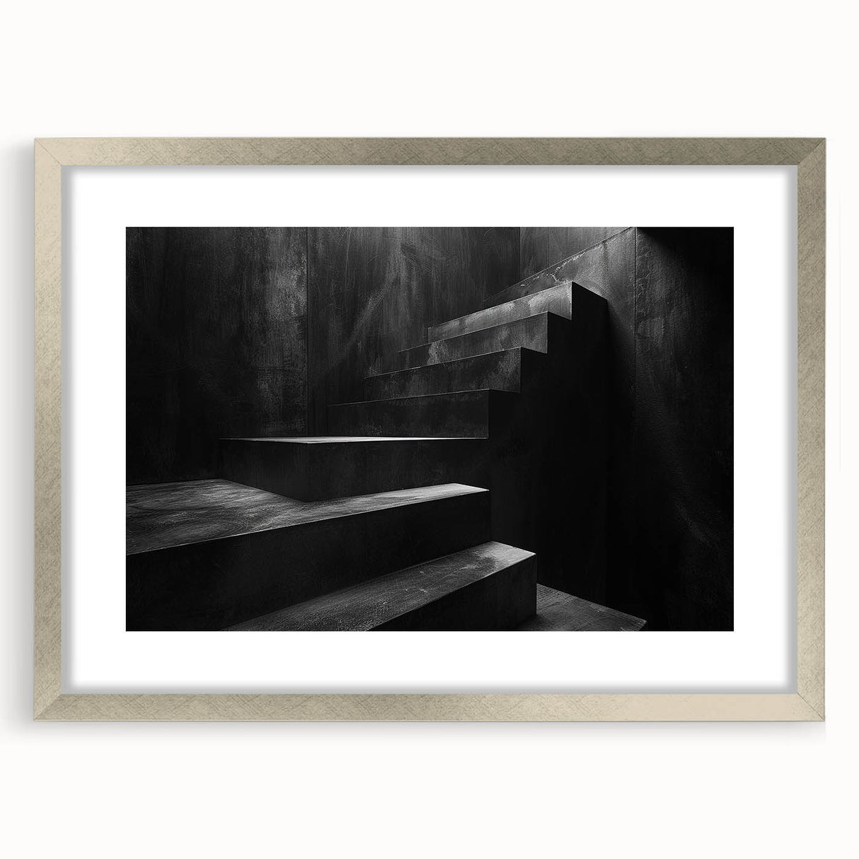 Abstract textured art print of a spiral staircase in muted gray tones on a framed silver mat, suited for bedroom decor.