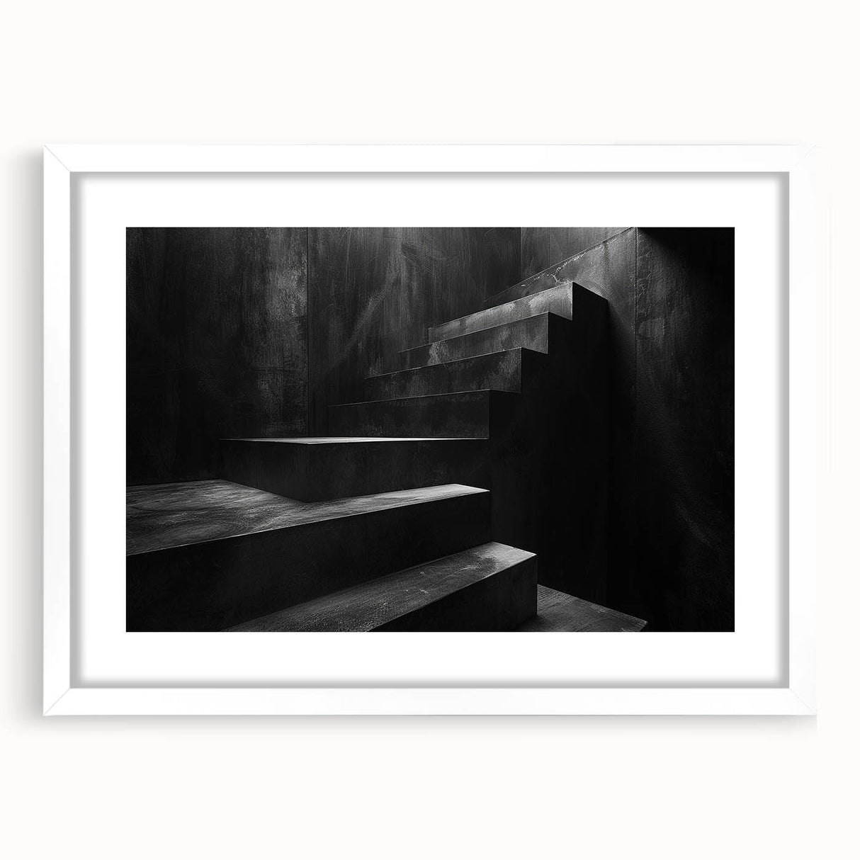 Abstract art print of a spiral staircase in monochrome, framed in white, suitable for dining room or bedroom decor.