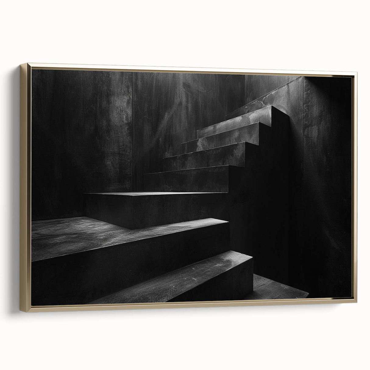 Spiral staircase design in black and gold tones on a framed canvas, ideal for bedroom wall decor.
