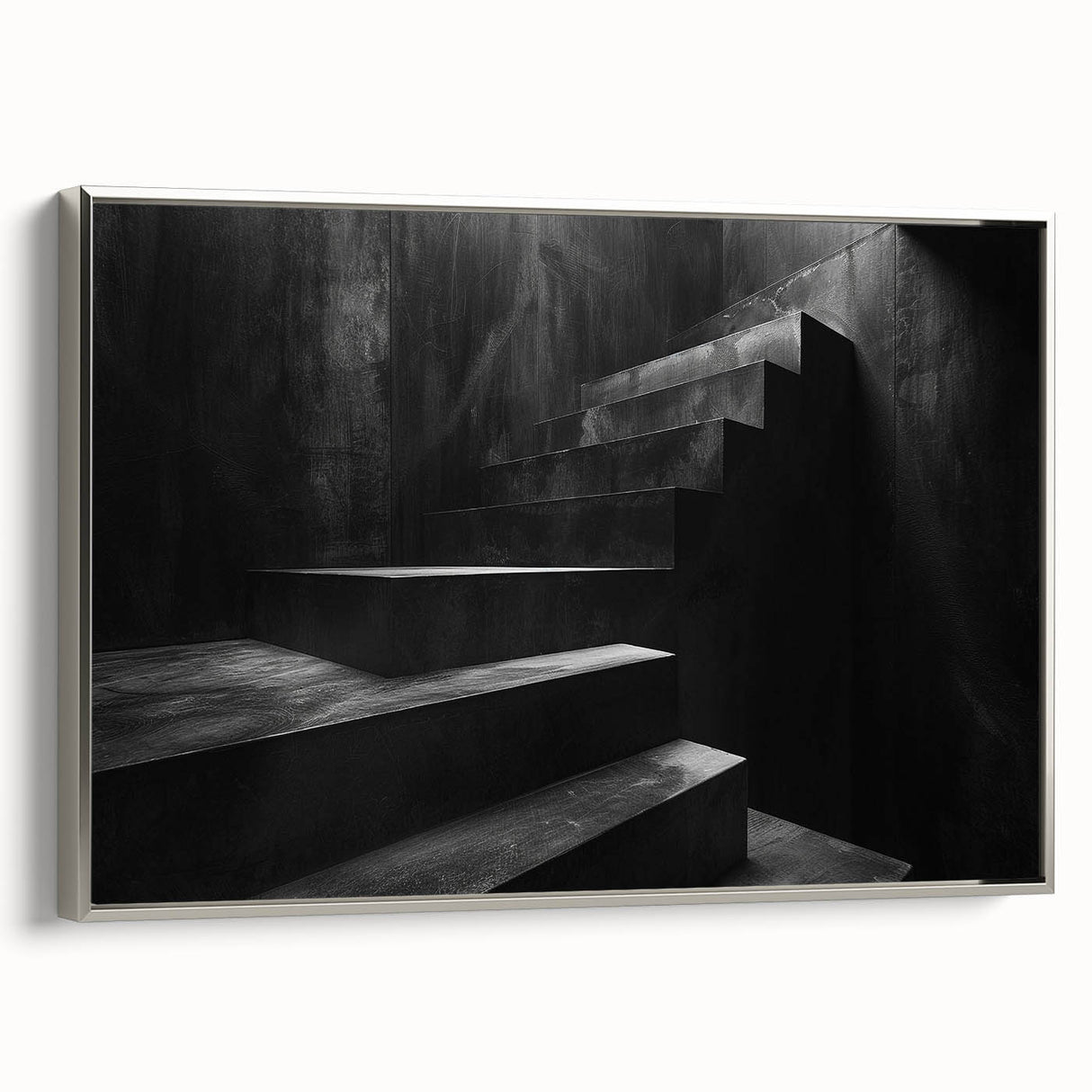 Vintage poster art of a black staircase in colorful art style, framed canvas, ideal for modern office decor.