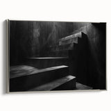 Vintage poster art of a black staircase in colorful art style, framed canvas, ideal for modern office decor.