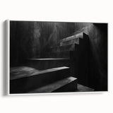Vintage poster art of a spiral staircase in black and white on a framed canvas, ideal for extra large living room wall decor.