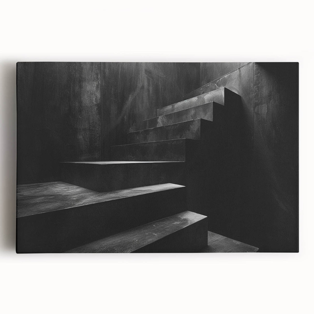 Spiral staircase in black and white on stretched canvas, suitable for kitchen wall art.