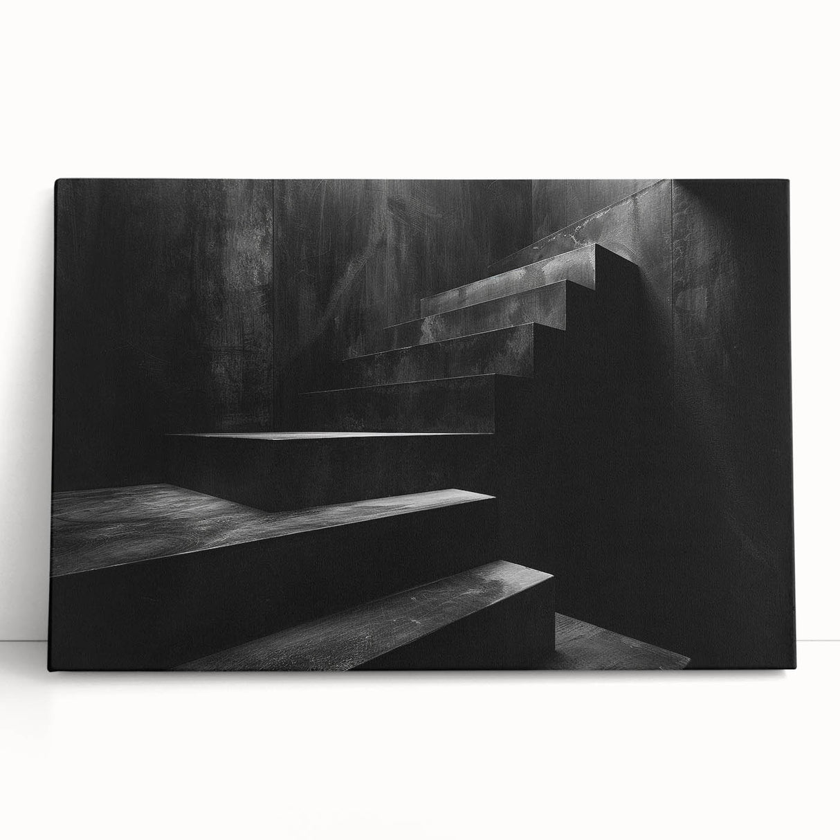 Black and white spiral staircase photograph on large stretched canvas, ideal for kitchen wall art or bedroom decor.