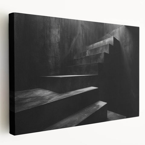 Spiral staircase design in monochrome, printed on large stretched canvas, suitable for kitchen wall art.