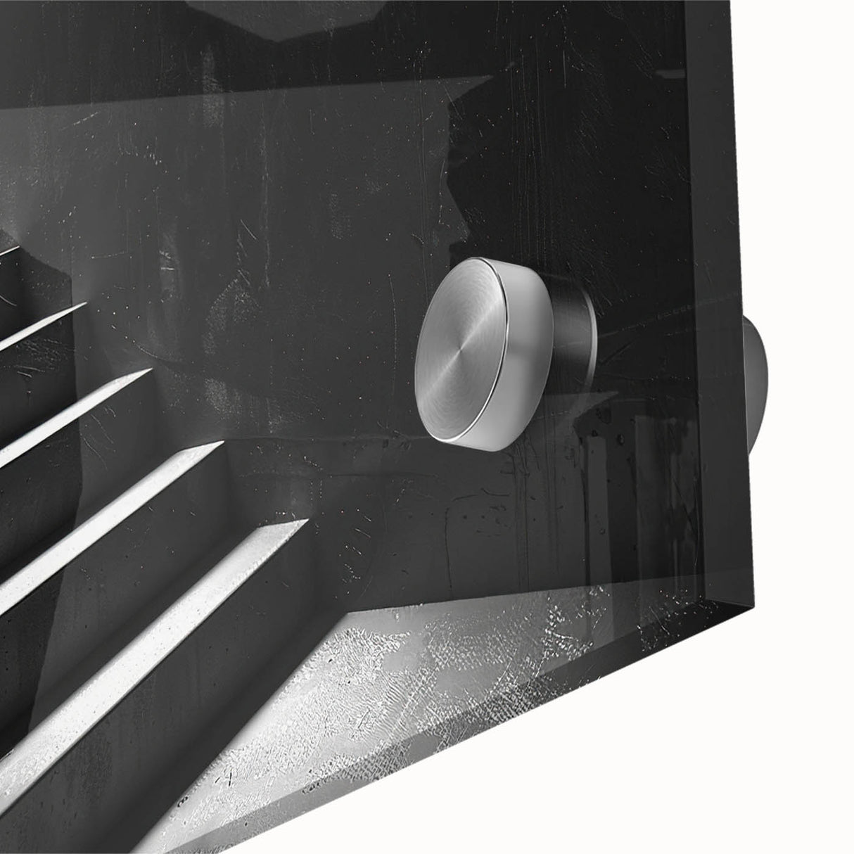 Mid-century modernist abstract staircase design in muted brown and gray tones on large acrylic glass.