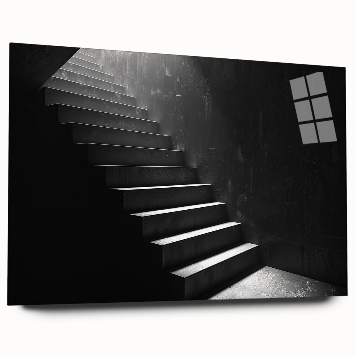 Large abstract wall art on acrylic glass featuring a spiral staircase in grayscale, ideal for bedroom or dining room decor.