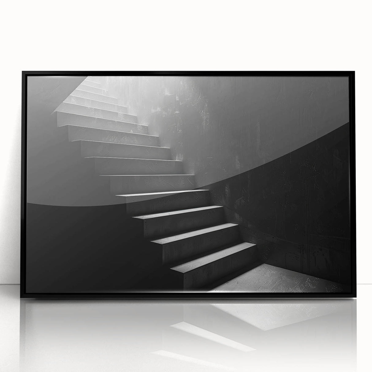 Large abstract wall art of a spiral staircase in black and white, framed acrylic, ideal for modern art wall decor.