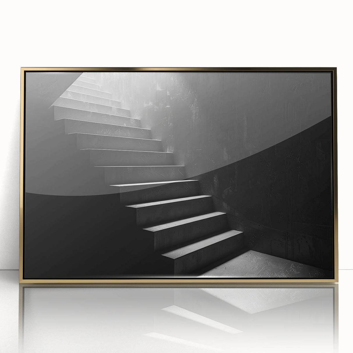 Spiral staircase design in gold and black tones on a framed acrylic, mid-century modernist style.