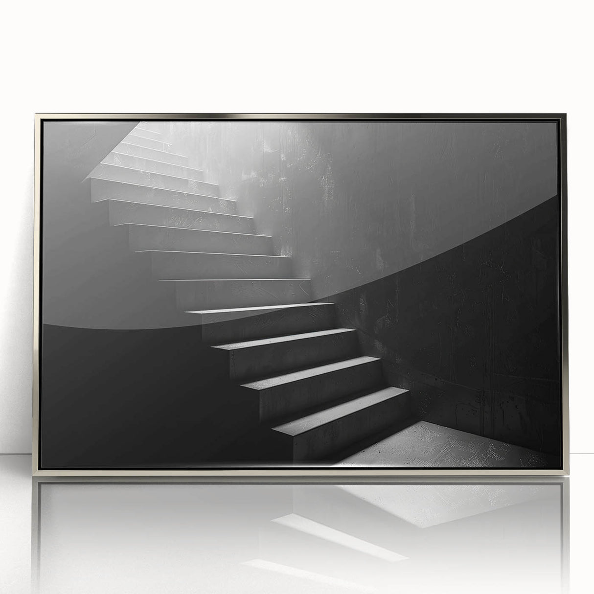 Mid-century modernist art depicting an architectural staircase in silver and gray tones, acrylic print framed.