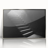 Mid-century modernist art depicting an architectural staircase in silver and gray tones, acrylic print framed.