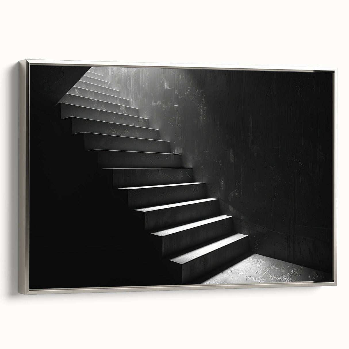 Framed canvas featuring a grayscale vintage poster of a spiral staircase, ideal for adding a classic touch to office spaces.