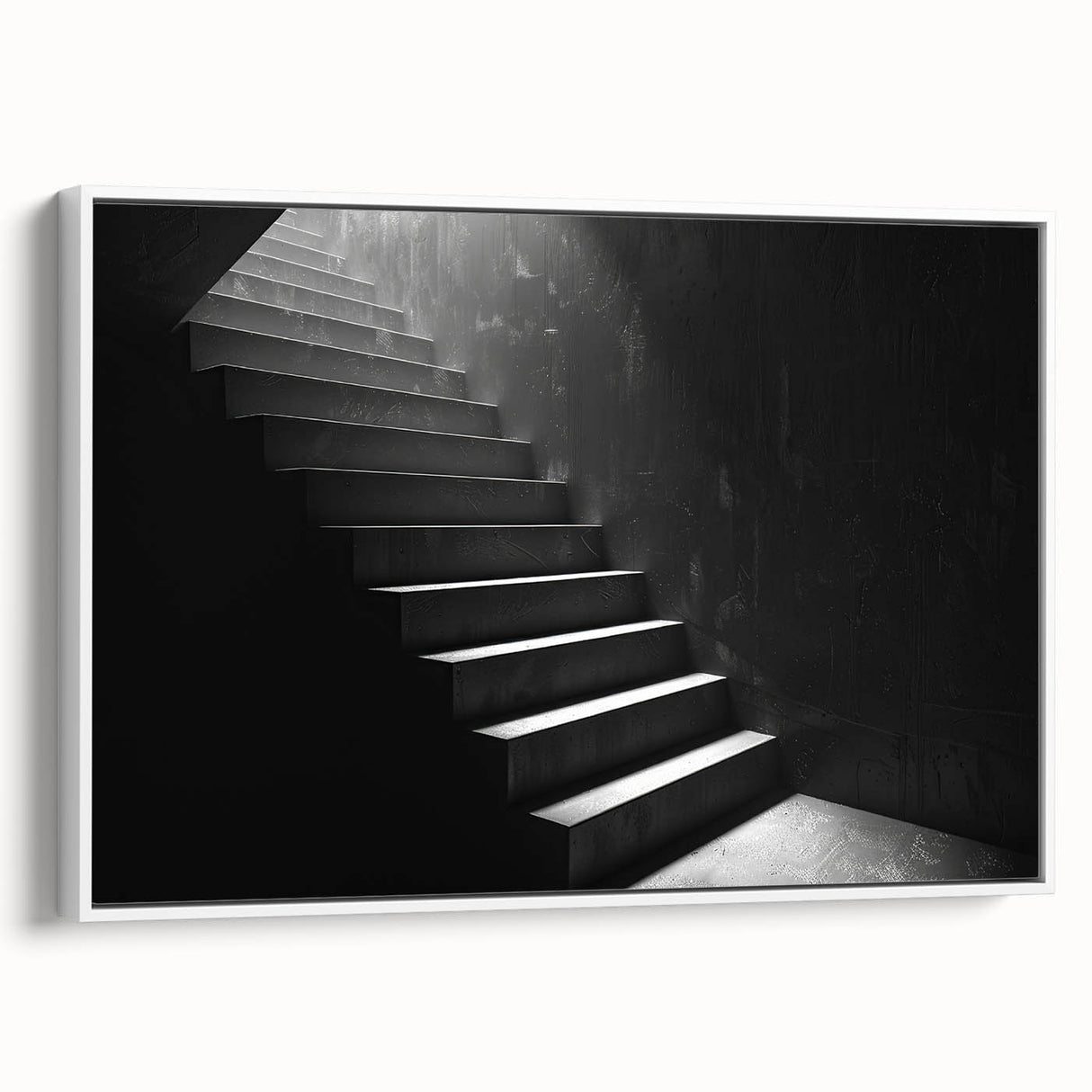 Vintage poster art of a spiral staircase in black and white on a framed canvas, ideal for living room decor.