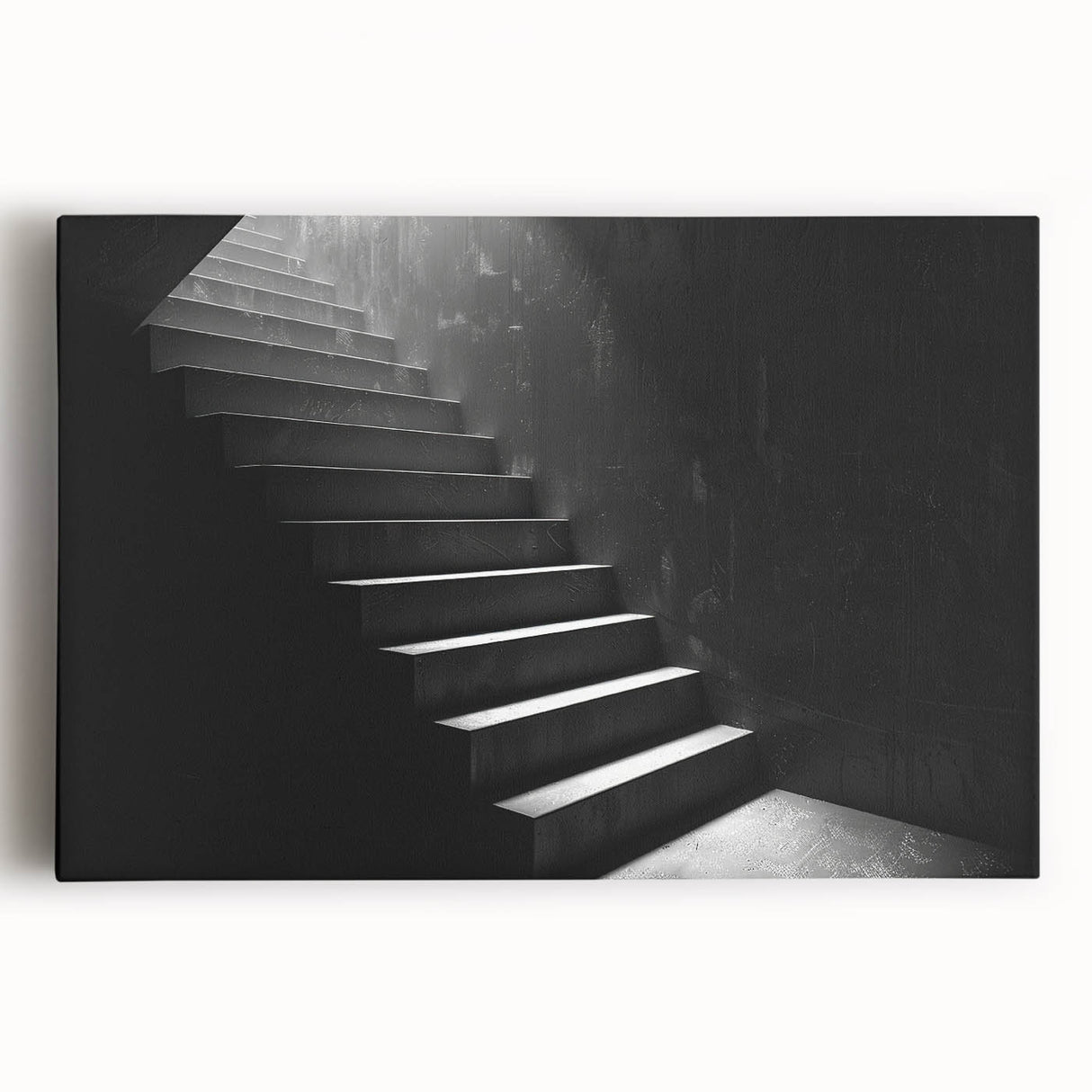 Black and white photograph of a spiral staircase on stretched canvas, suitable as large kitchen wall art.