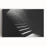 Black and white photograph of a spiral staircase on stretched canvas, suitable as large kitchen wall art.