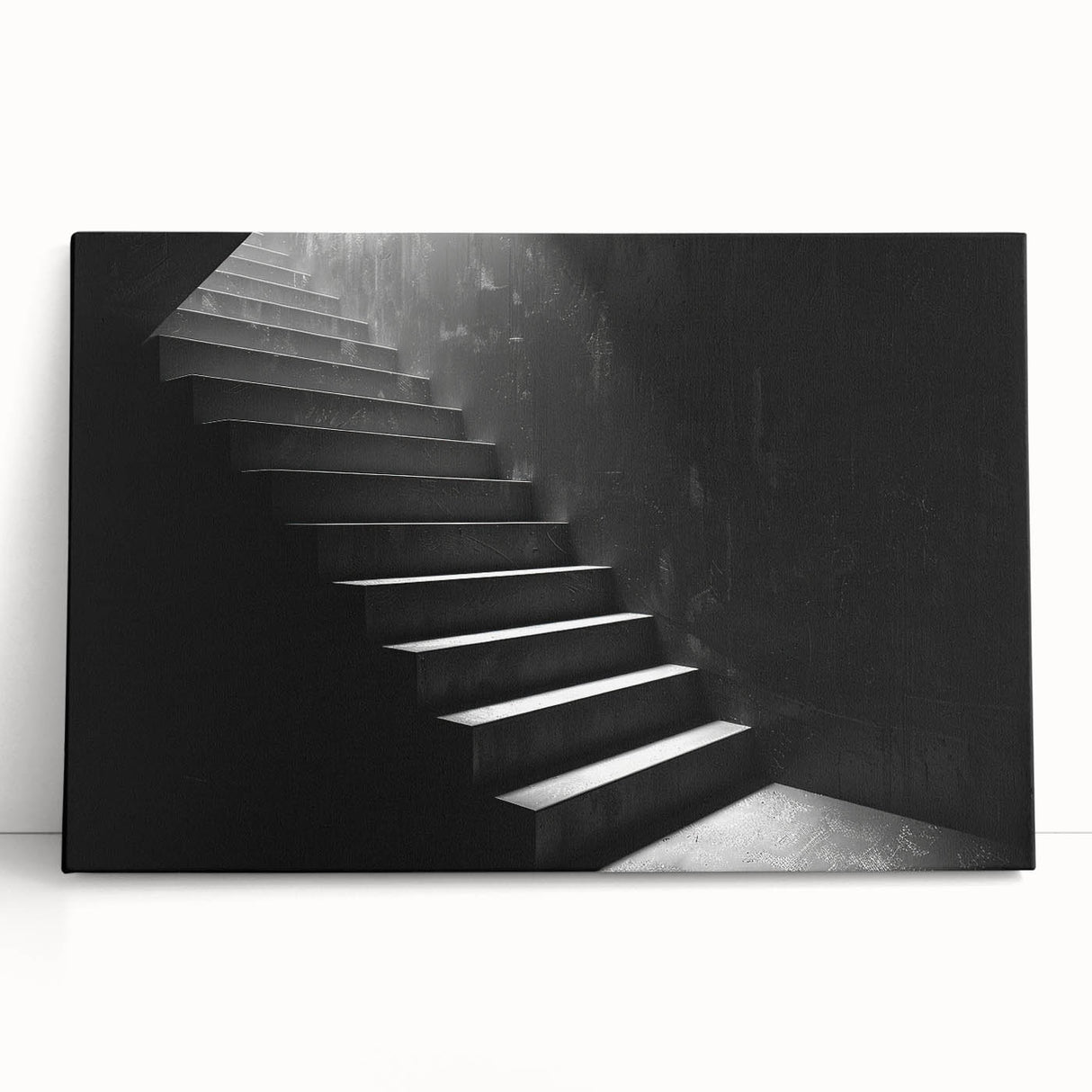 Spiral staircase in black and white on a stretched canvas, suitable as large kitchen or bedroom wall art.