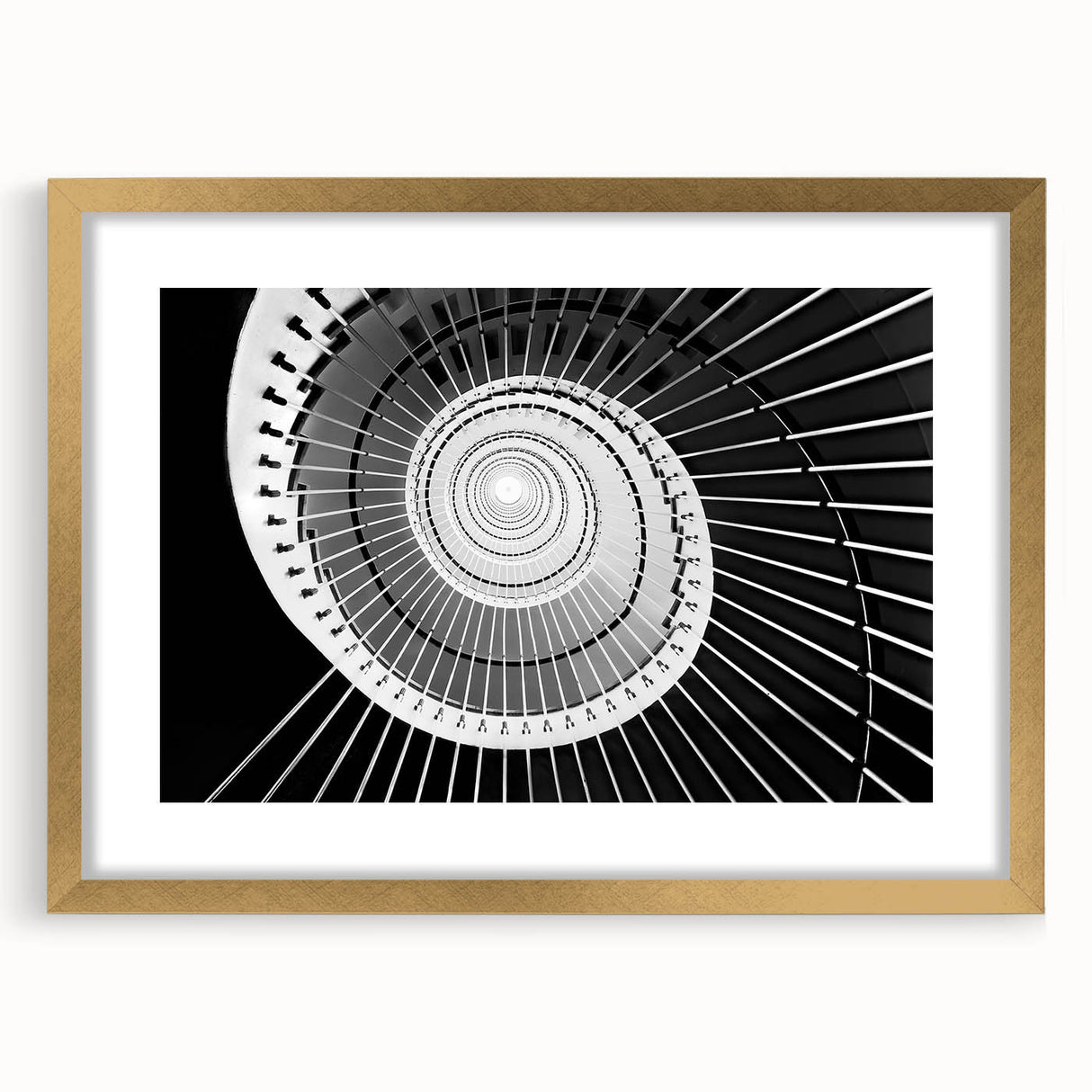 Abstract art print of a textured staircase design in gold frame, suited for extra large wall art in a living room.