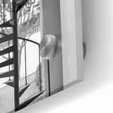 Mid-century modernist large abstract wall art featuring a spiral staircase in muted grays, ideal for dining room art.