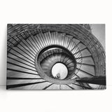 Black and white photo of a spiral staircase on large stretched canvas, suitable for kitchen wall art.