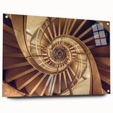 Acrylic glass print of a large abstract staircase design in neutral gray tones, suitable for dining room or bedroom decor.
