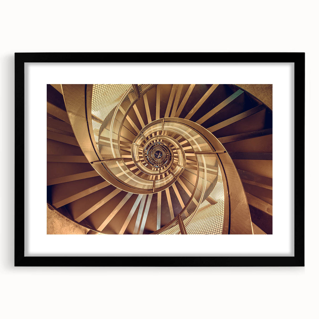 Abstract art print featuring a colorful, textured design of a spiral staircase on a large framed canvas.