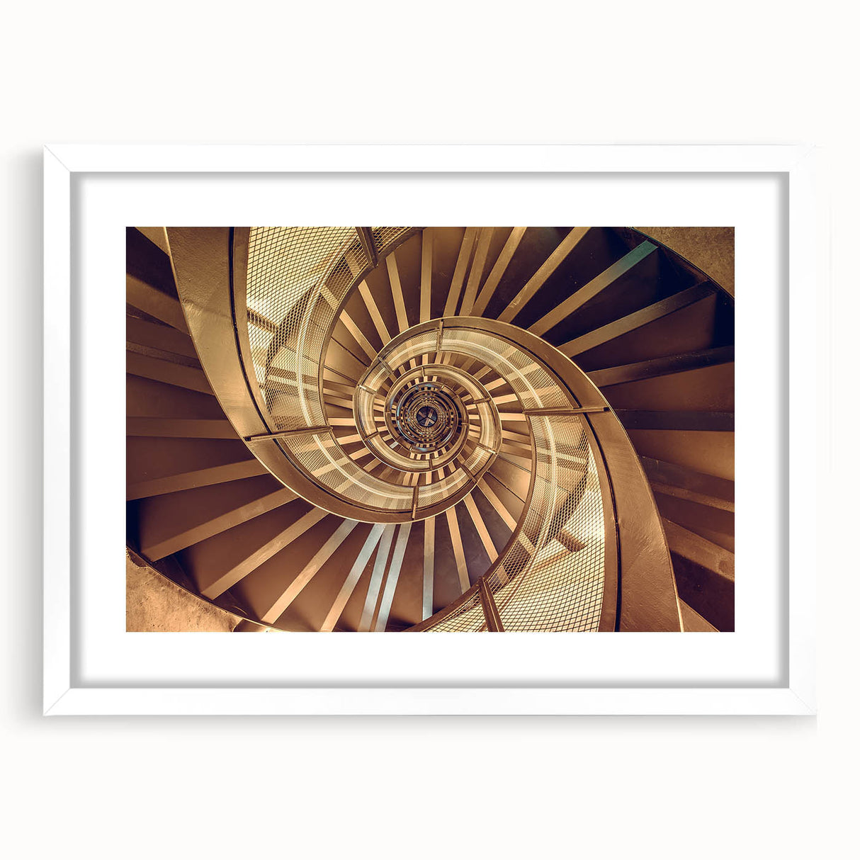 Abstract art print of a spiral staircase in monochrome, framed in white, ideal for modern bedroom or dining room decor.