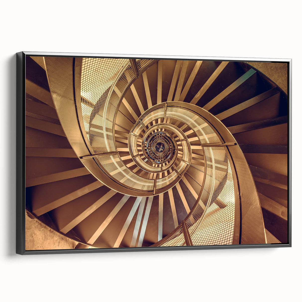 Black and white framed canvas featuring a spiral staircase design, ideal for bedroom wall decor.