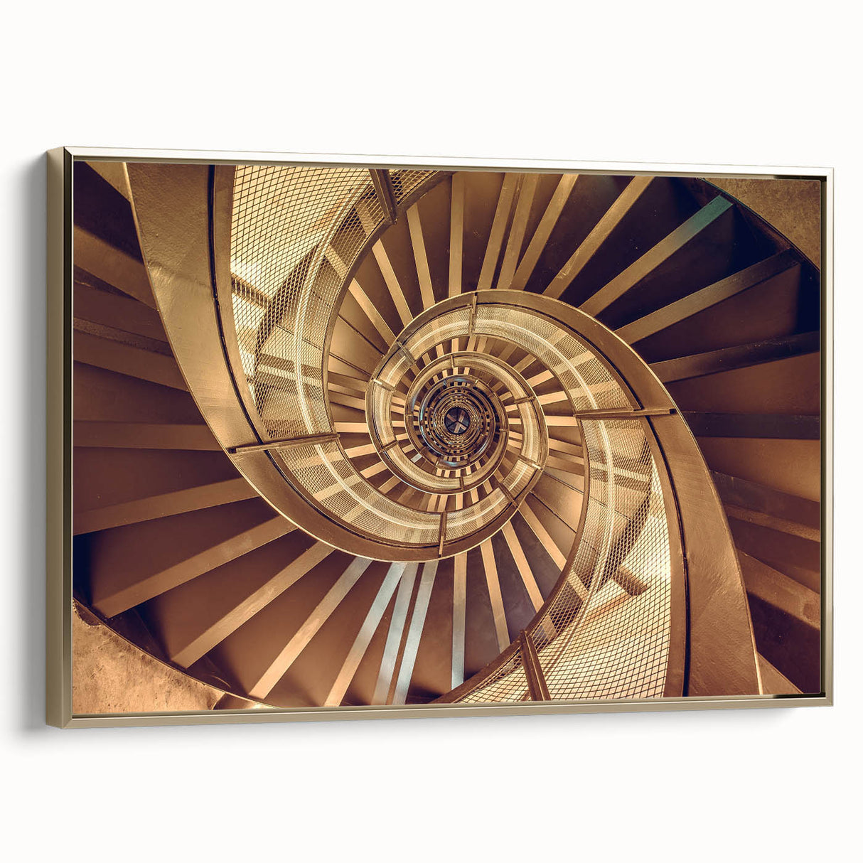 Framed canvas featuring a black and white vintage poster art of an architectural staircase, ideal for bedroom wall decor.