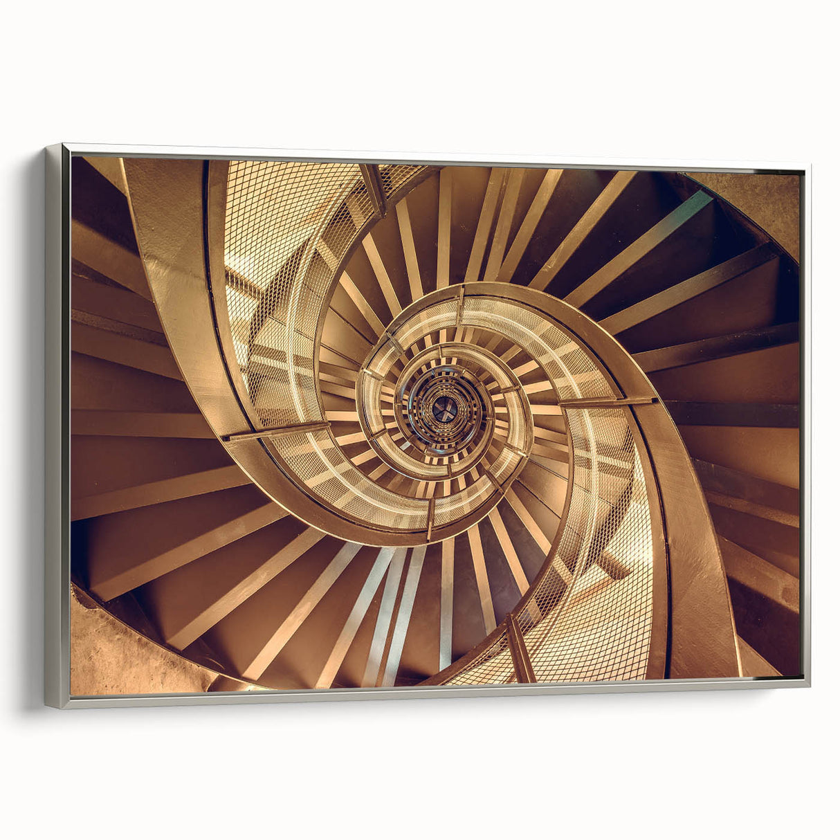 Spiral staircase in monochrome, framed canvas, ideal for adding a modern touch to office spaces.